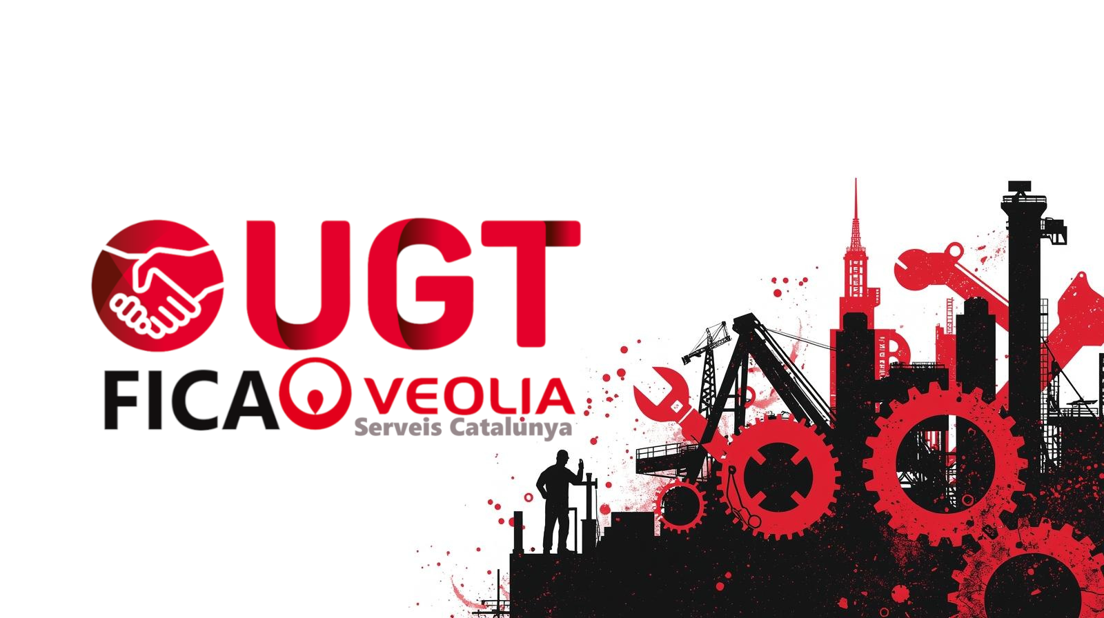 Ilustración minimalista de la industria metalúrgica sobre fondo blanco, con siluetas de trabajadores en negro, engranajes y herramientas en rojo, representando unidad laboral, fuerza colectiva y derechos sindicales, estilo moderno y profesional, sin texto.